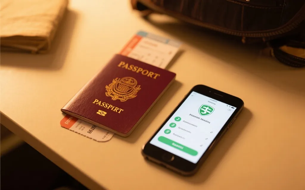 旅行桌面上放着护照、登机牌与手机安全提示清单，暖色灯光，纪实风