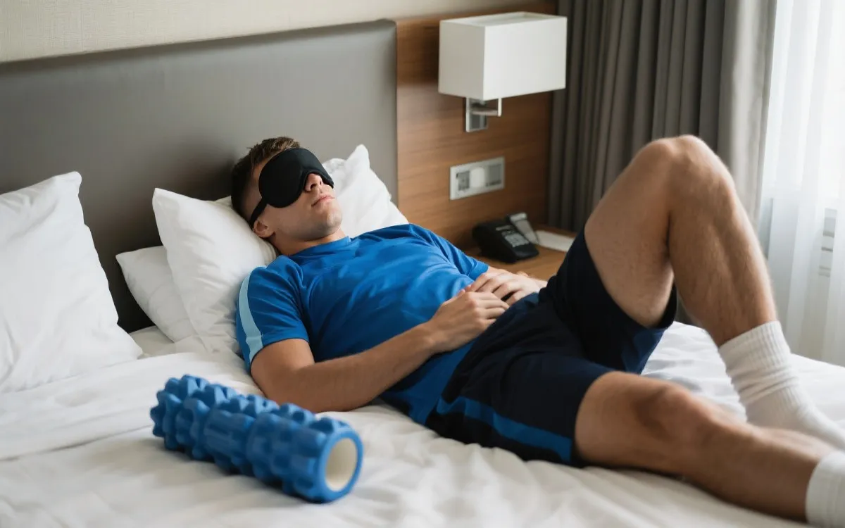球员在航班或酒店中使用恢复工具与睡眠眼罩，呈现跨洲旅行后的恢复场景